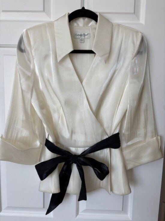 Coldwater Creek Tops - Coldwater Creek | Women's Elegant Ivory Wrap Blouse with Statement Waist Tie